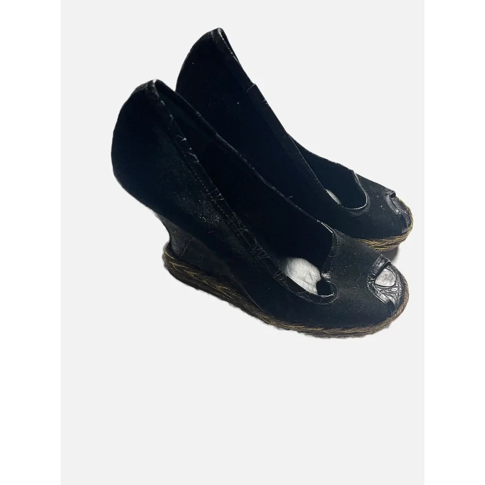 Hollywould Lexington Wedges Women 36 Black Suede Croc Peep Toe Platform Heels